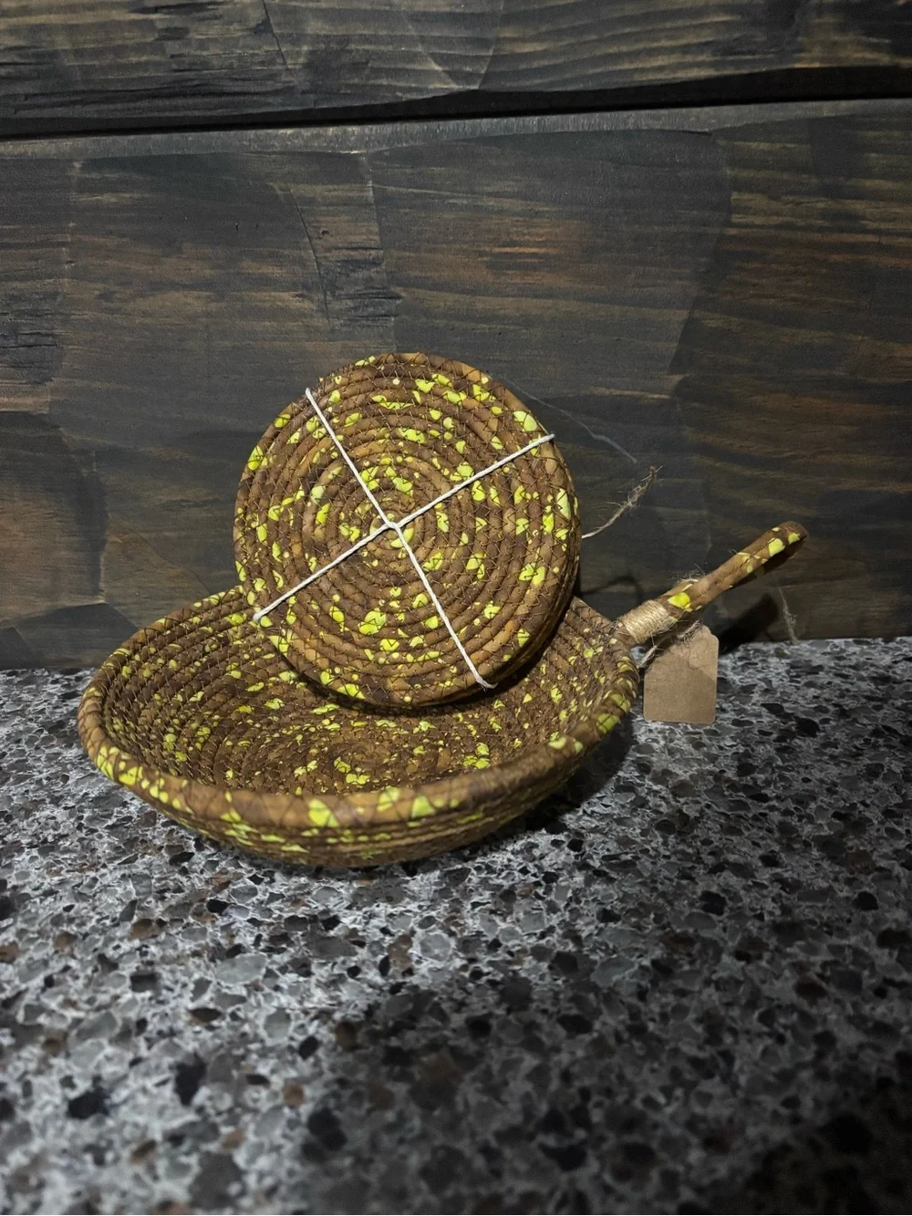 Brown and Yellow Coiled coasters and holder.
